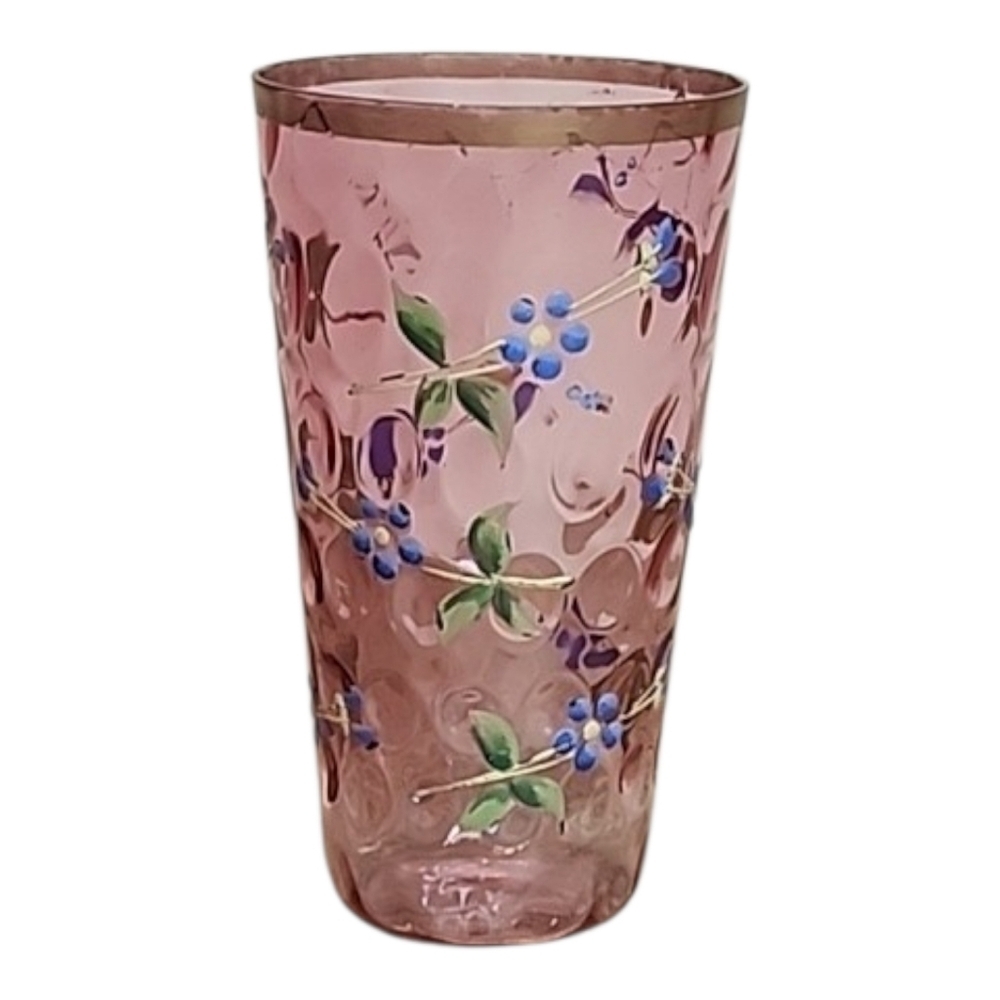 Antique Cranberry Glass Floral Tumbler Juice Optic Enameled Blueberry